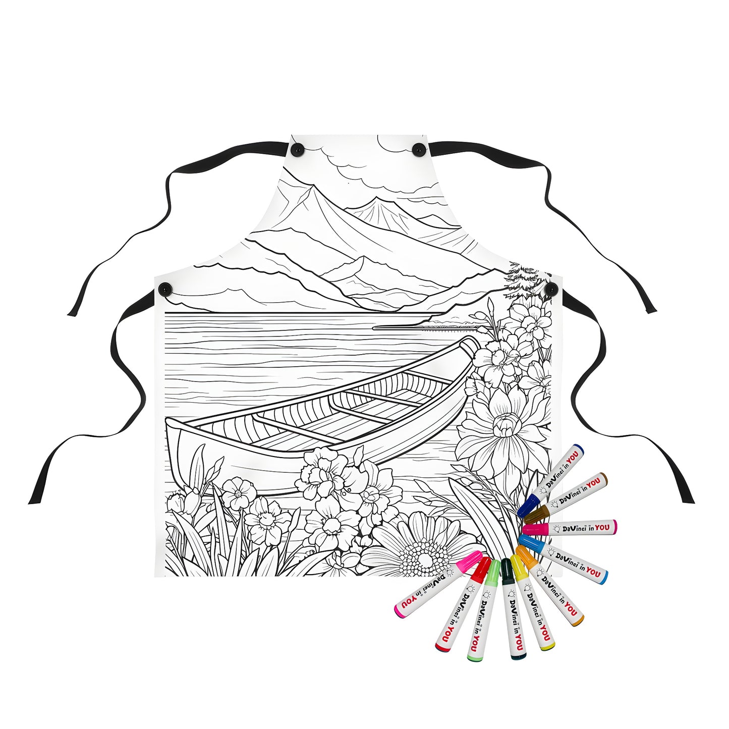 Mountain scene apron for kids' art project with colorful markers