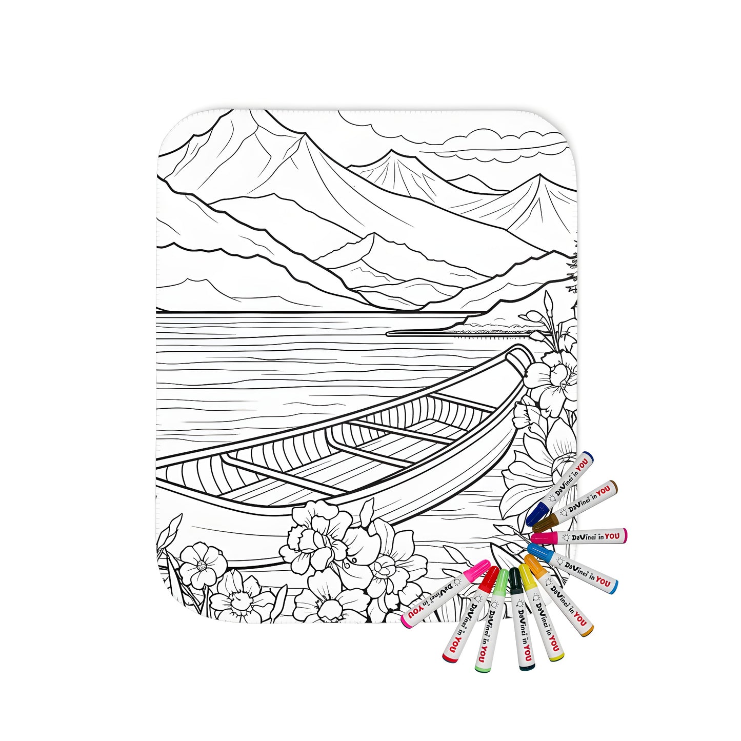 Cozy blanket featuring an inspiring black-and-white drawing of a serene lake scene with a boat and flowers