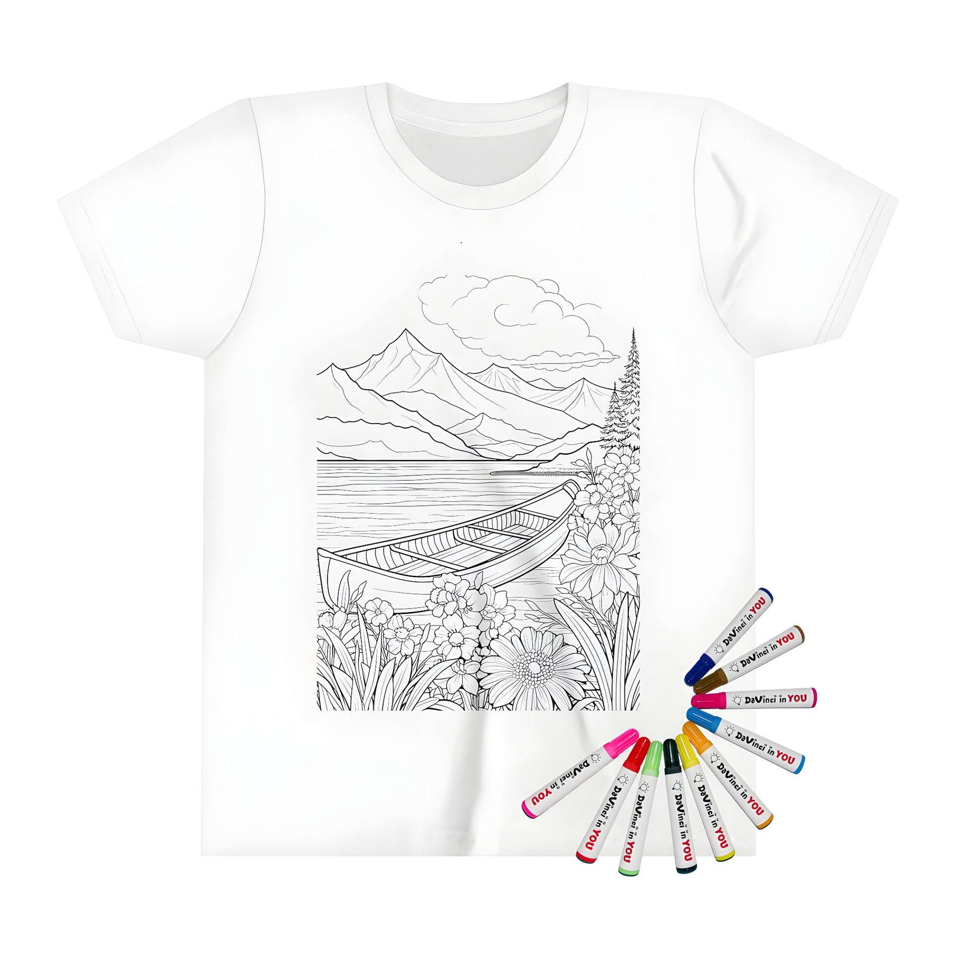 Kid's t-shirt with mountain lake scene, boat, flowers and watercolor design