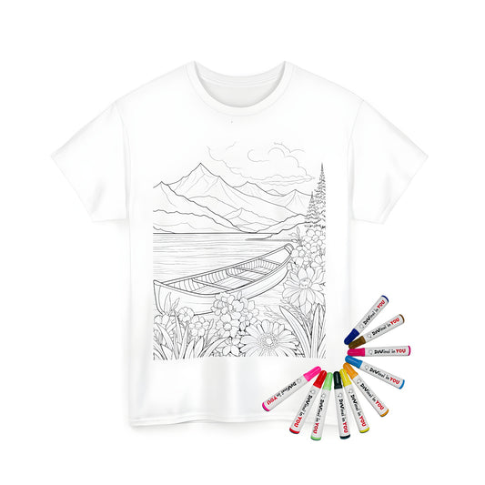 A black-and-white drawing of a serene lake scene on a unisex t-shirt, featuring a boat in the foreground and flowers along the shore