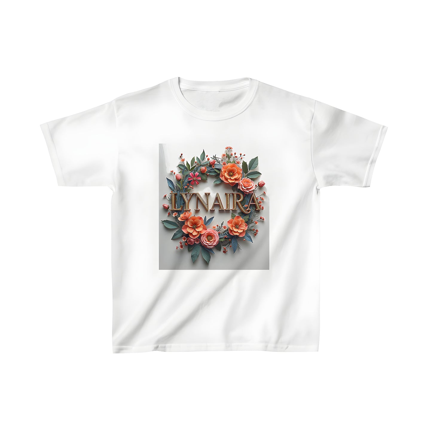 Vibrant floral wreath kid's t-shirt with bold gold letters