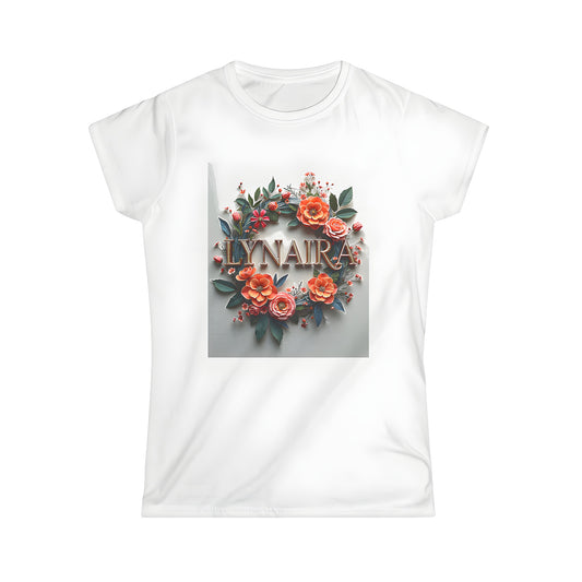 Women's t-shirt with vibrant floral wreath design featuring colorful flowers and green leaves, surrounded by bold gold letters 'Lynaira'