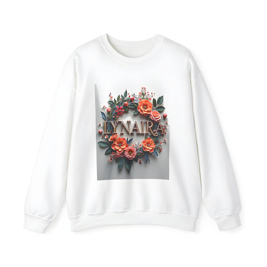 Adult sweatshirt with vibrant floral wreath design featuring colorful flowers and green leaves