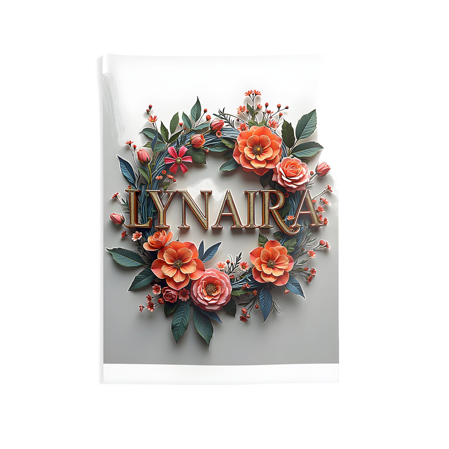 Indoor wall tapestries featuring vibrant floral wreaths and bold gold lettering, perfect for home decor