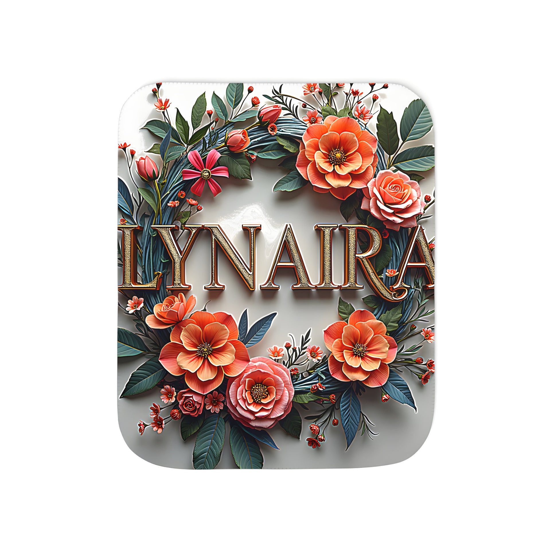 A vibrant floral wreath surrounds the name 'Lynaira' in bold gold letters on this cozy blanket