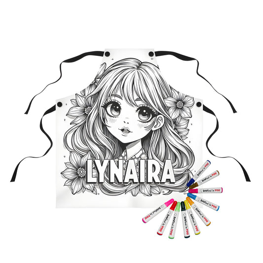 Anime-style black and white portrait of girl with long hair and flowers on an apron