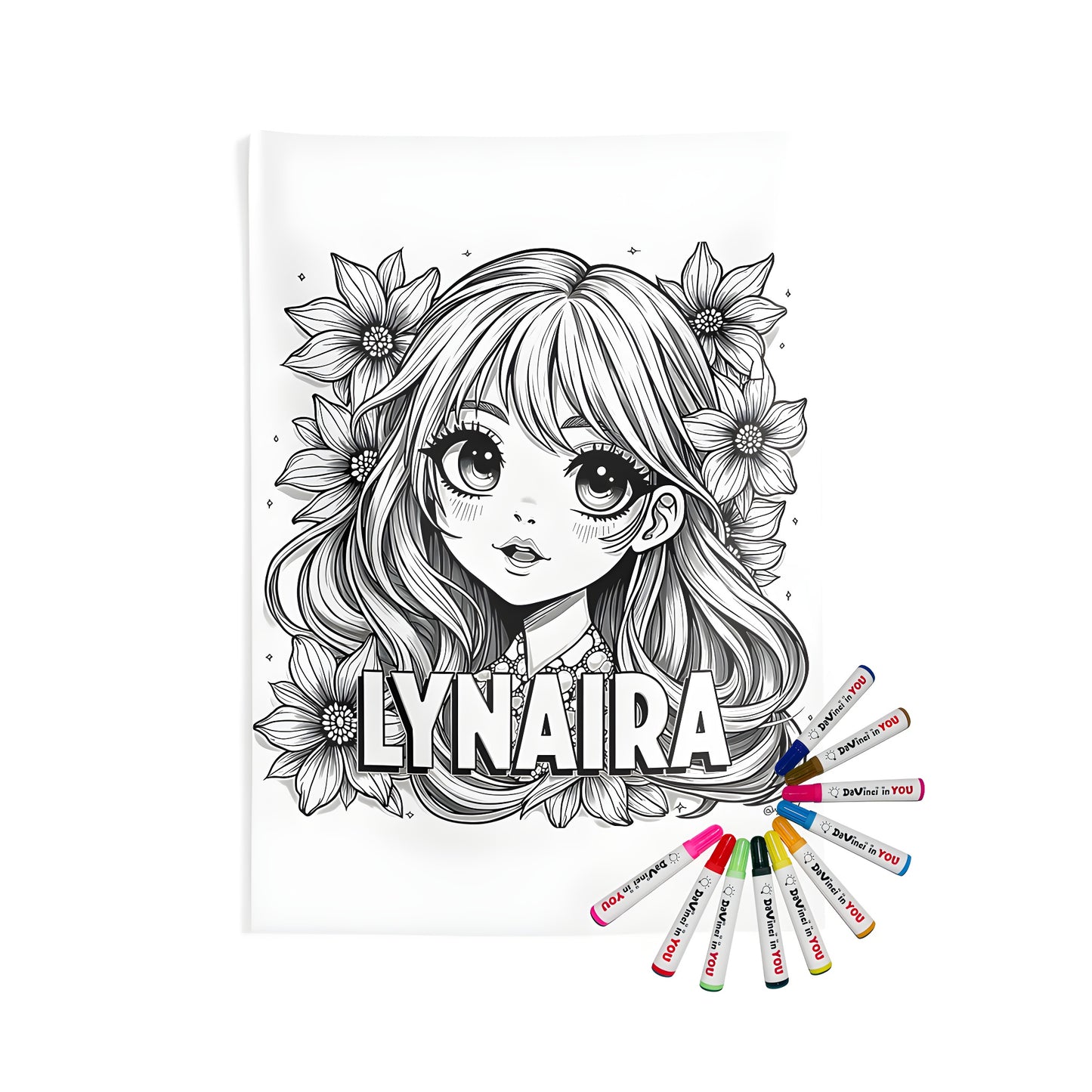 Indoor wall tapestries coloring kit with 10 fabric markers - Anime-style portrait of girl with long hair and flowers