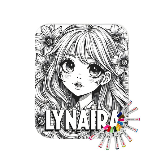 Anime-style portrait blanket with girl and flowers, Lynaira