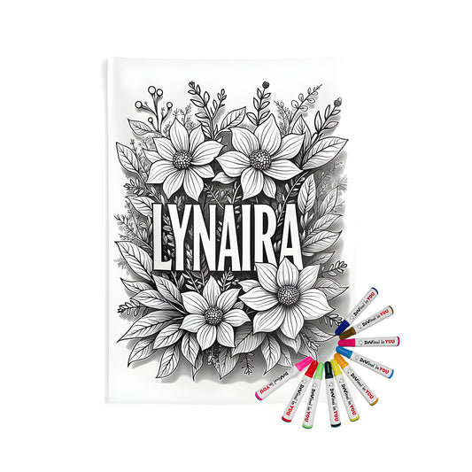 Decorative indoor wall tapestry with colorful floral art and personalized name 'LYNAIRA' - unique wall hanging for home decor