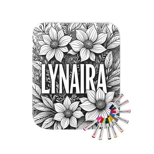 Customizable blanket with personalized name art, LYNAIRA floral design, and fabric markers