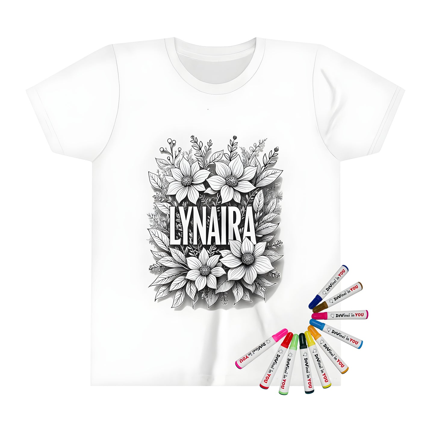 Kid's T-shirt featuring a colorful floral art design with large flowers and leaves surrounding the name 'LYNAIRA', created using fabric markers - great for name art, personalization, custom naming, or monogramming