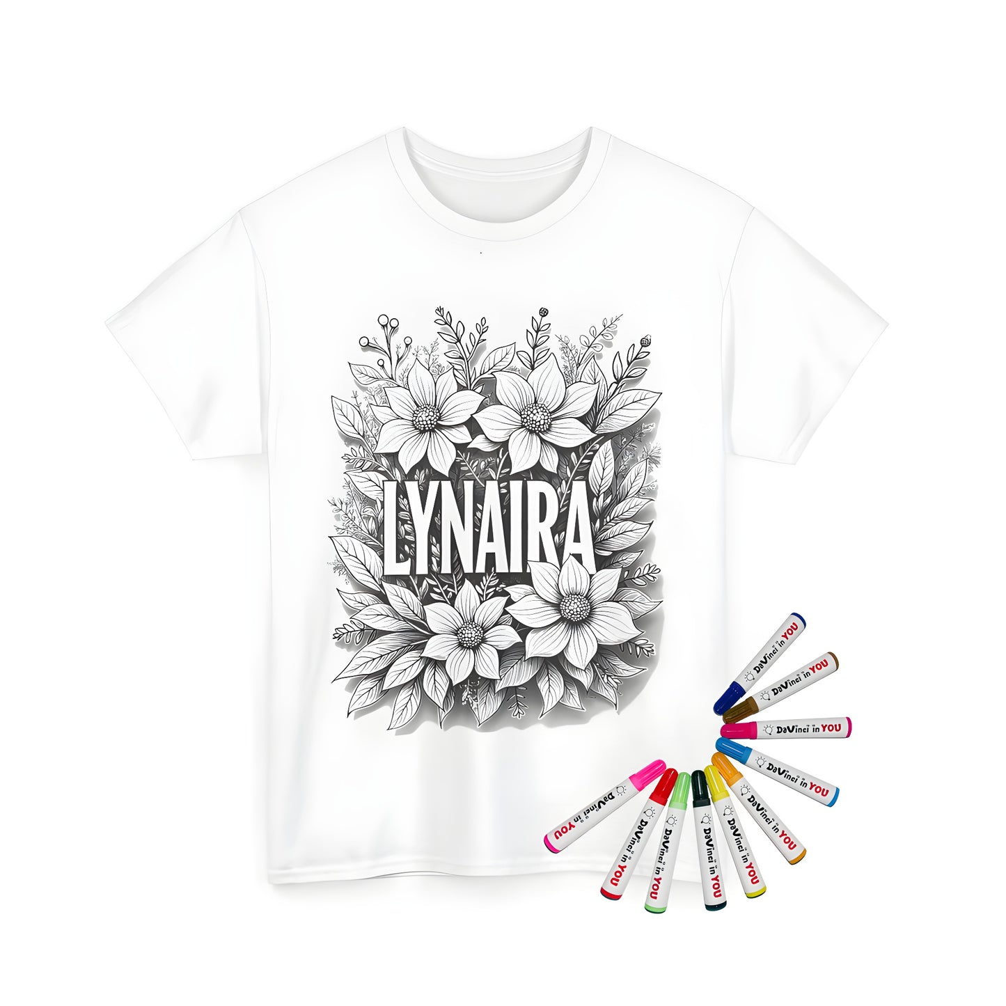 Personalized unisex t-shirt featuring a beautiful floral art with 'LYNAIRA' name design