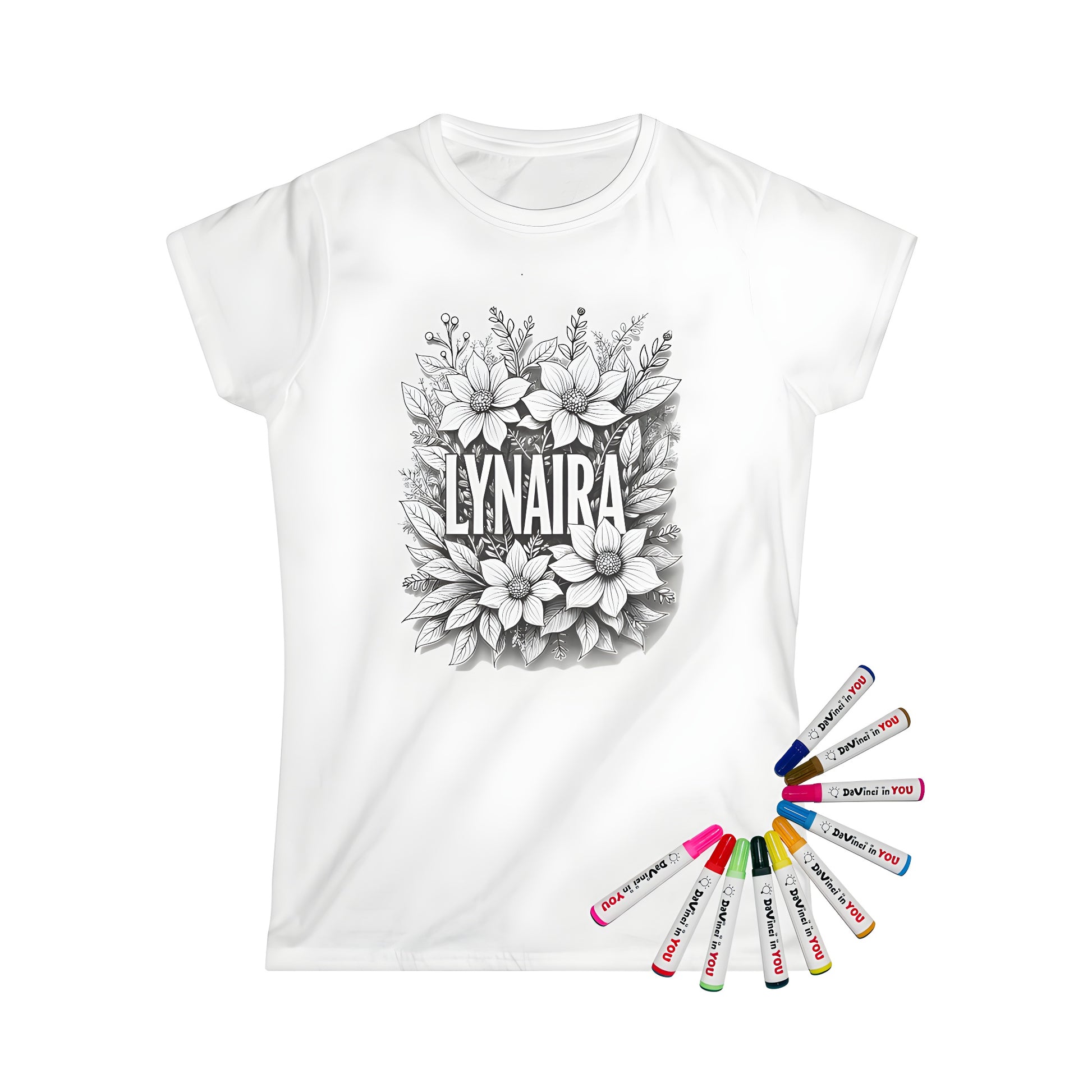 Women's T-Shirt with Custom Name Art Design featuring Black Floral Pattern