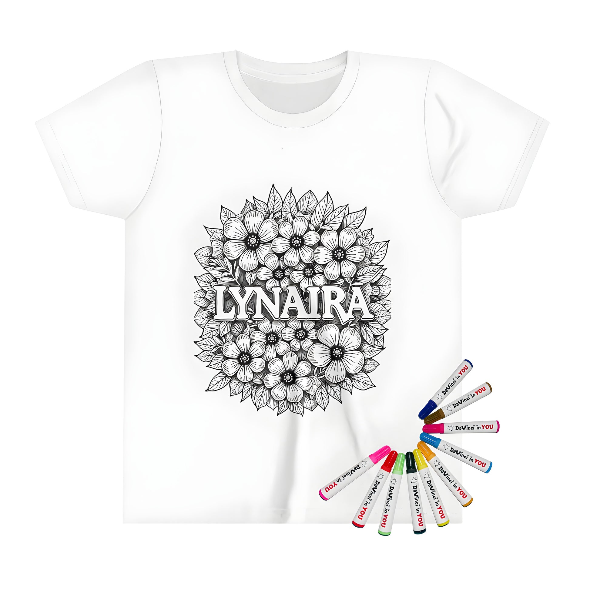 Coloring page inspired Kid's T-shirt with floral arrangement design and Lynaira centered