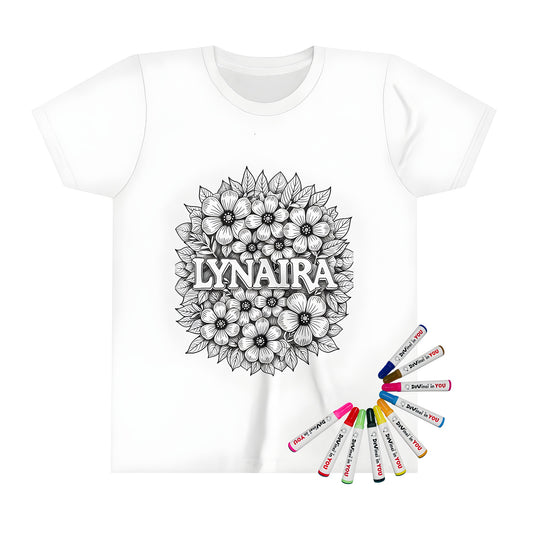 Coloring page inspired Kid's T-shirt with floral arrangement design and Lynaira centered