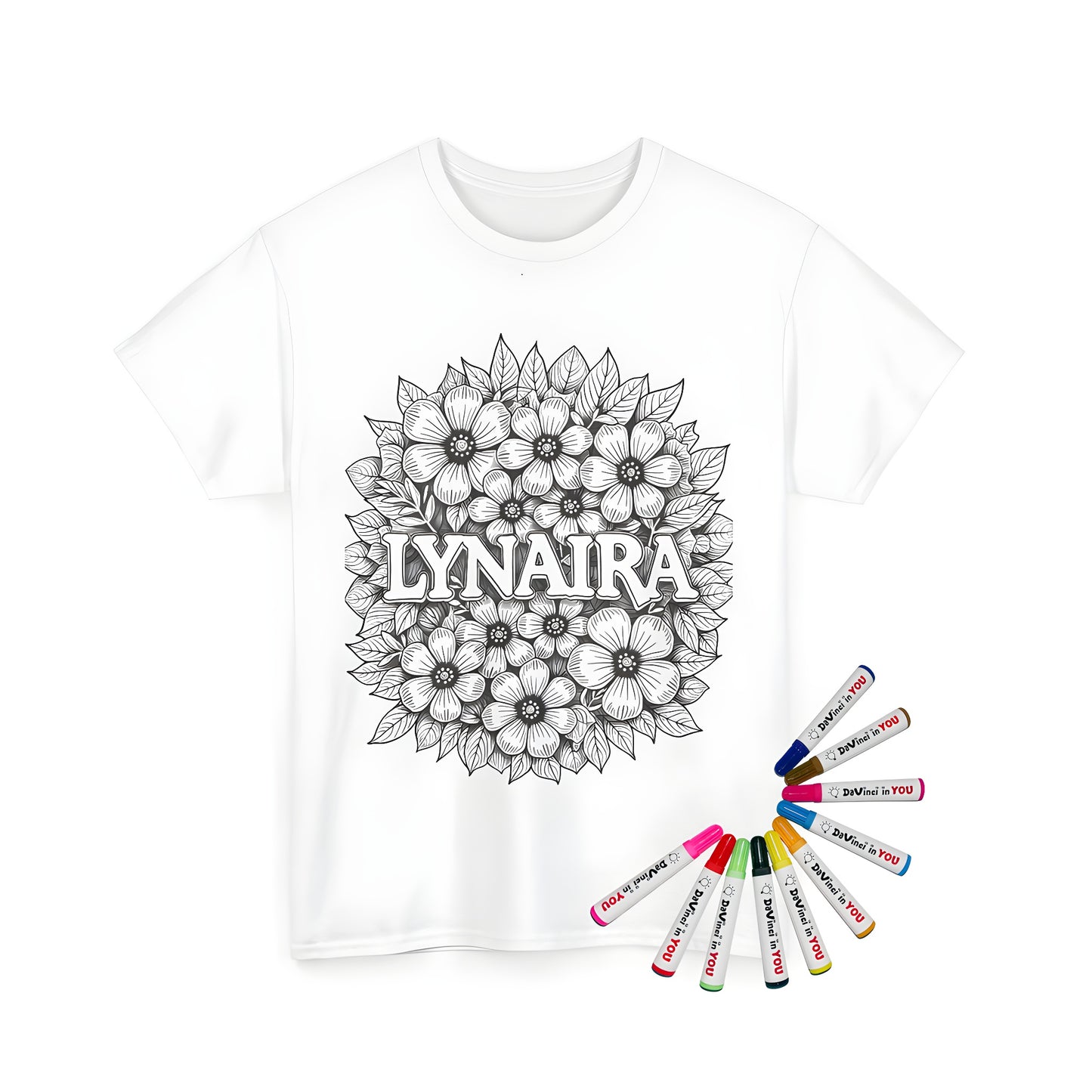 Colorful Unisex T-shirt featuring an intricate floral design with 'Lynaira' at center, perfect for artistic expression and creativity