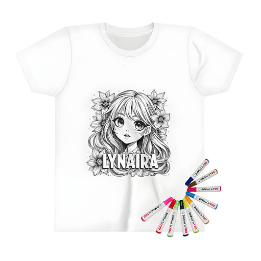 Anime-style portrait coloring page design on kid's t-shirt with fabric markers