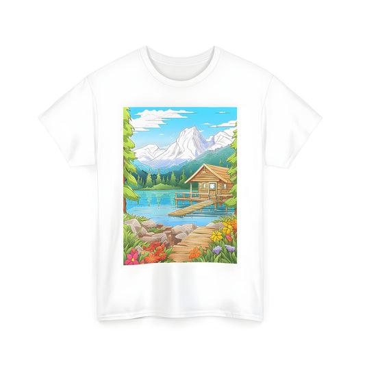 Scenic mountain landscape with cabin on lakefront, surrounded by blooming flowers and tall green trees, depicted on a comfortable unisex t-shirt