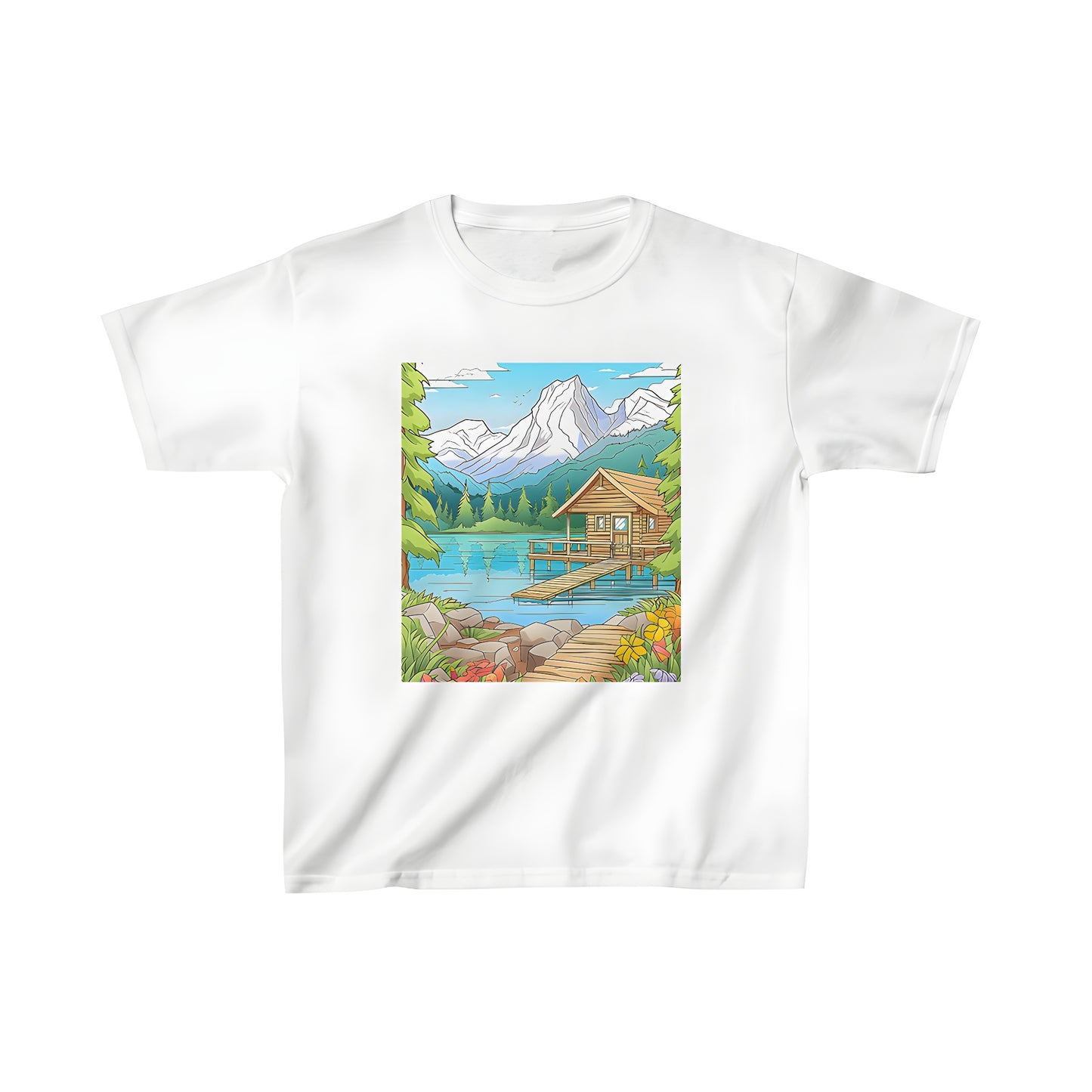 Kid's scenic cabin t-shirt with colorful mountain landscape and lake view, surrounded by blooming flowers and tall green trees