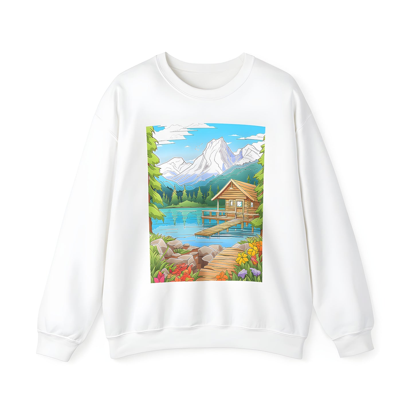 Adult Sweatshirts featuring scenic mountain landscapes with cozy wooden cabins, blooming flowers, and lush greenery.