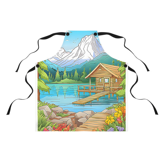 Apron with scenic mountain landscape design featuring wooden cabin by serene lake and surrounded by blooming flowers and tall green trees