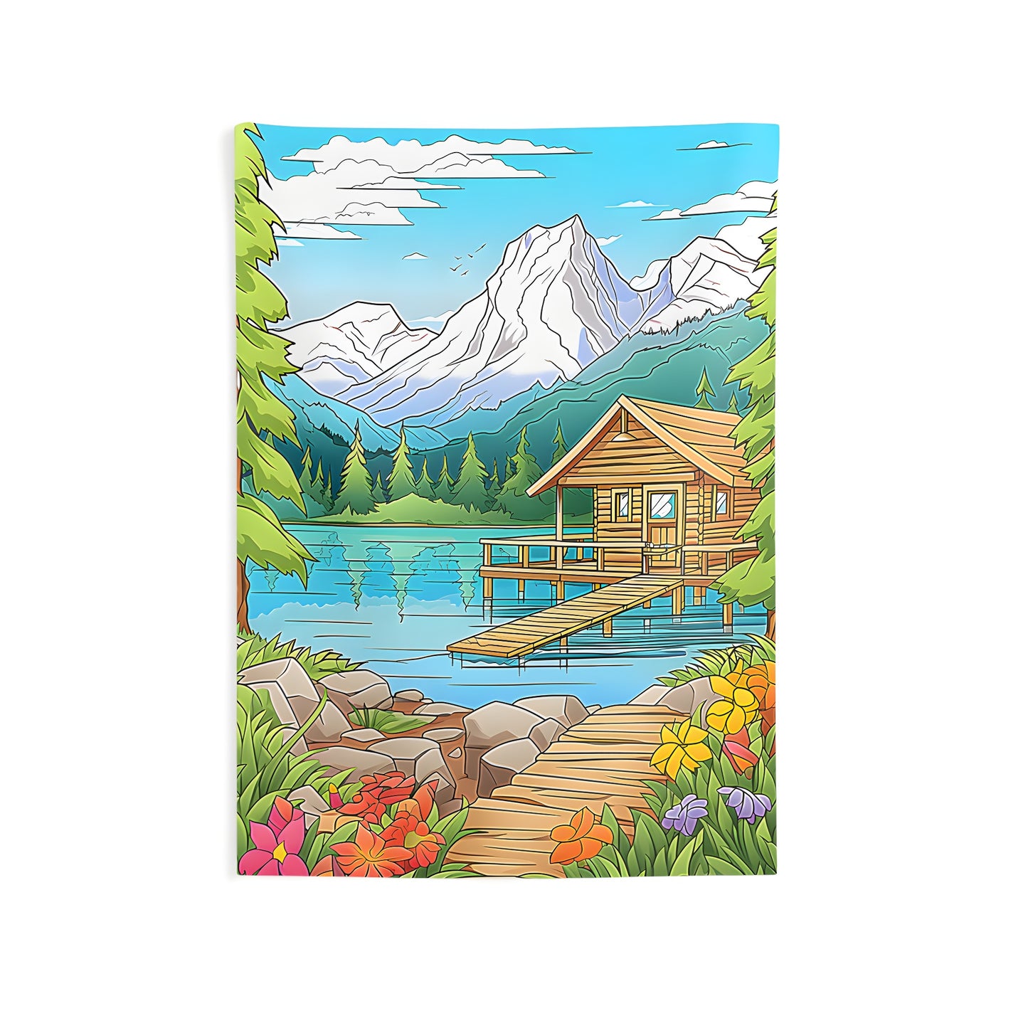 Colorful scenic landscape wall tapestry featuring a wooden cabin by a serene lake, surrounded by blooming wildflowers and tall green trees.