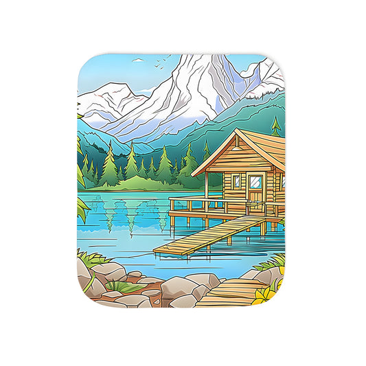 Cozy blanket with scenic cabin and mountain landscape design