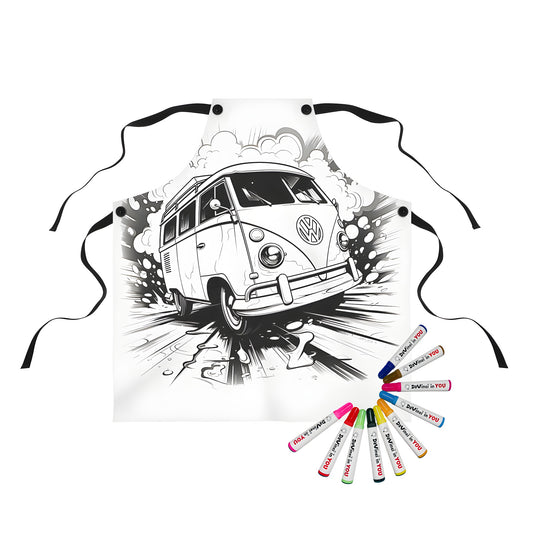 Coloring kit with Volkswagen apron and fabric markers for a fun and creative activity. Retro VW van design with bold colors and comic style illustration on a high-quality apron. Perfect gift for car enthusiasts, artists, and anyone who loves to color and express themselves.