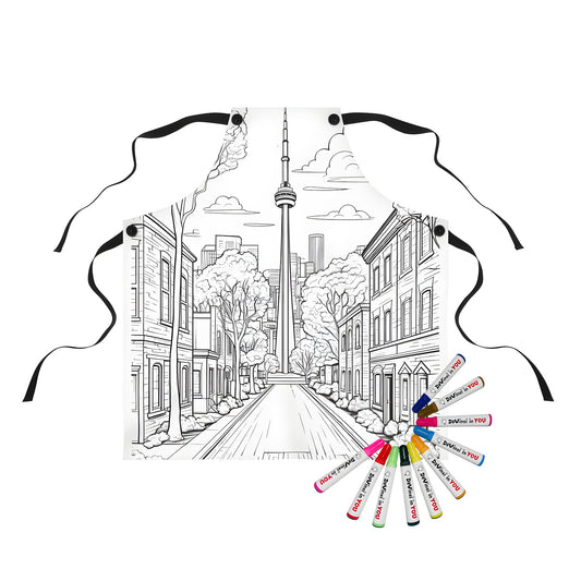 Urban cityscape apron with street art design, featuring tall buildings, trees, and a tower - perfect for city lovers