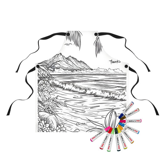 Coloring apron of a tropical island scene with palm trees, mountains, waves, and 'Thanks' illustration