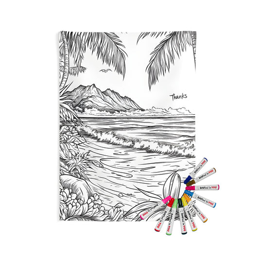 A colorful indoor wall tapestry featuring a tropical beach scene with palm trees, mountains, and waves. Perfect for adding a fun and playful touch to any room.