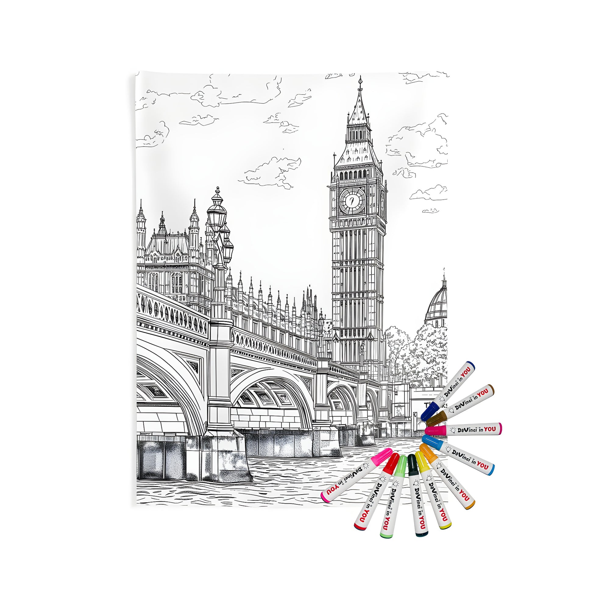 Big Ben and Westminster Bridge indoor wall tapestry, detailed black and white line drawing, London landmark decor, home art print, fabric marker coloring kit