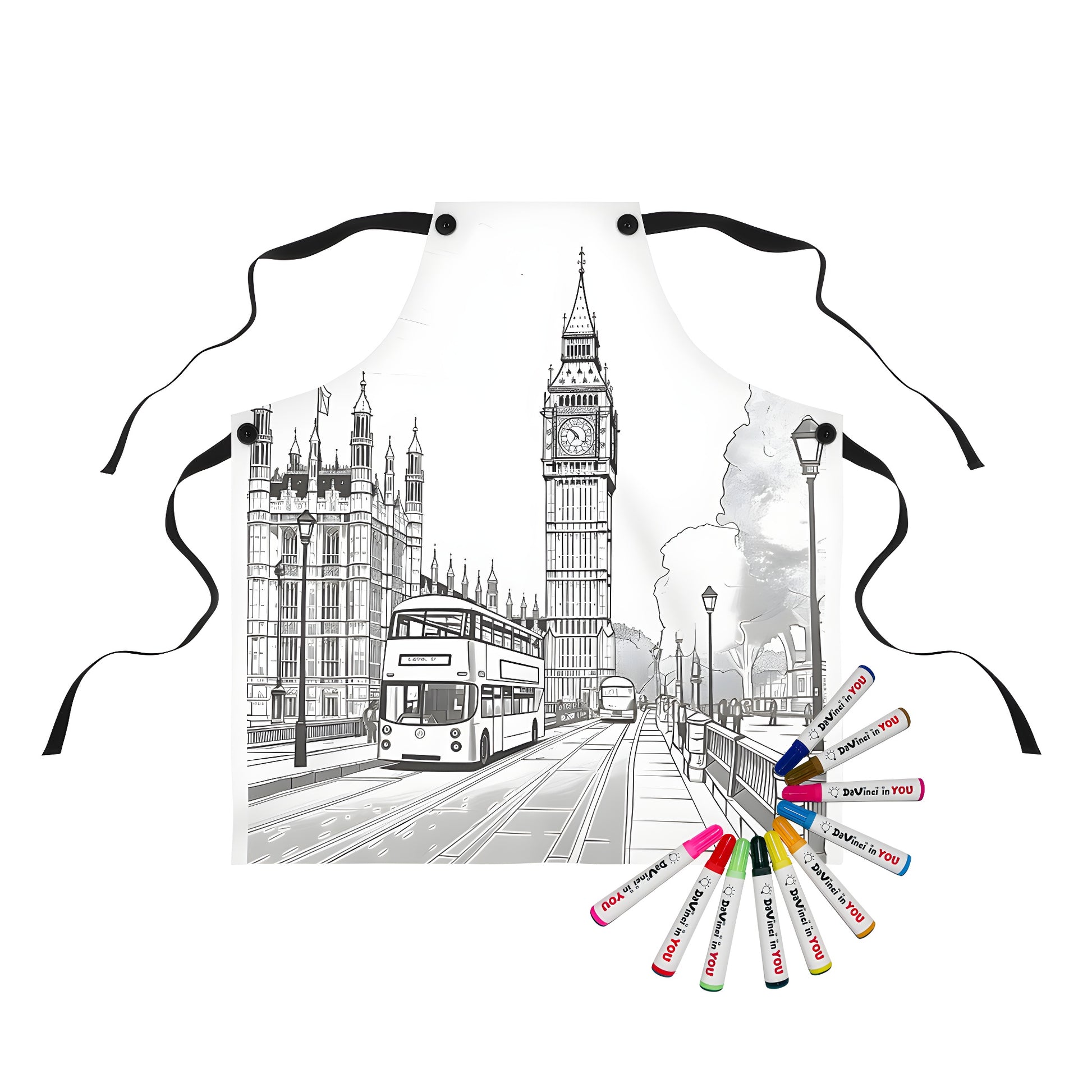 Coloring apron featuring iconic London landmarks: clock tower, Palace of Westminster and double-decker bus. Unique Big Ben print on fabric art for adults and kids alike.