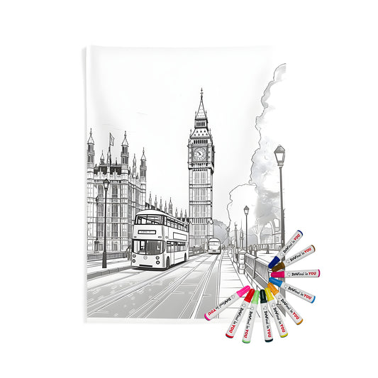 London landmark indoor wall tapestry featuring iconic black and white designs of Big Ben, Palace of Westminster, and double-decker bus