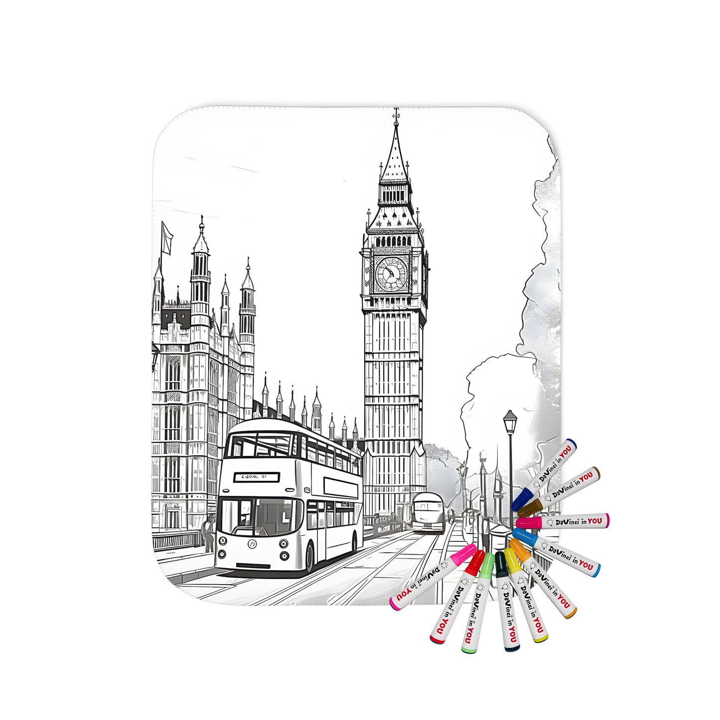 Cozy blanket featuring a charming London scene of the Houses of Parliament (Big Ben) and a red double-decker bus