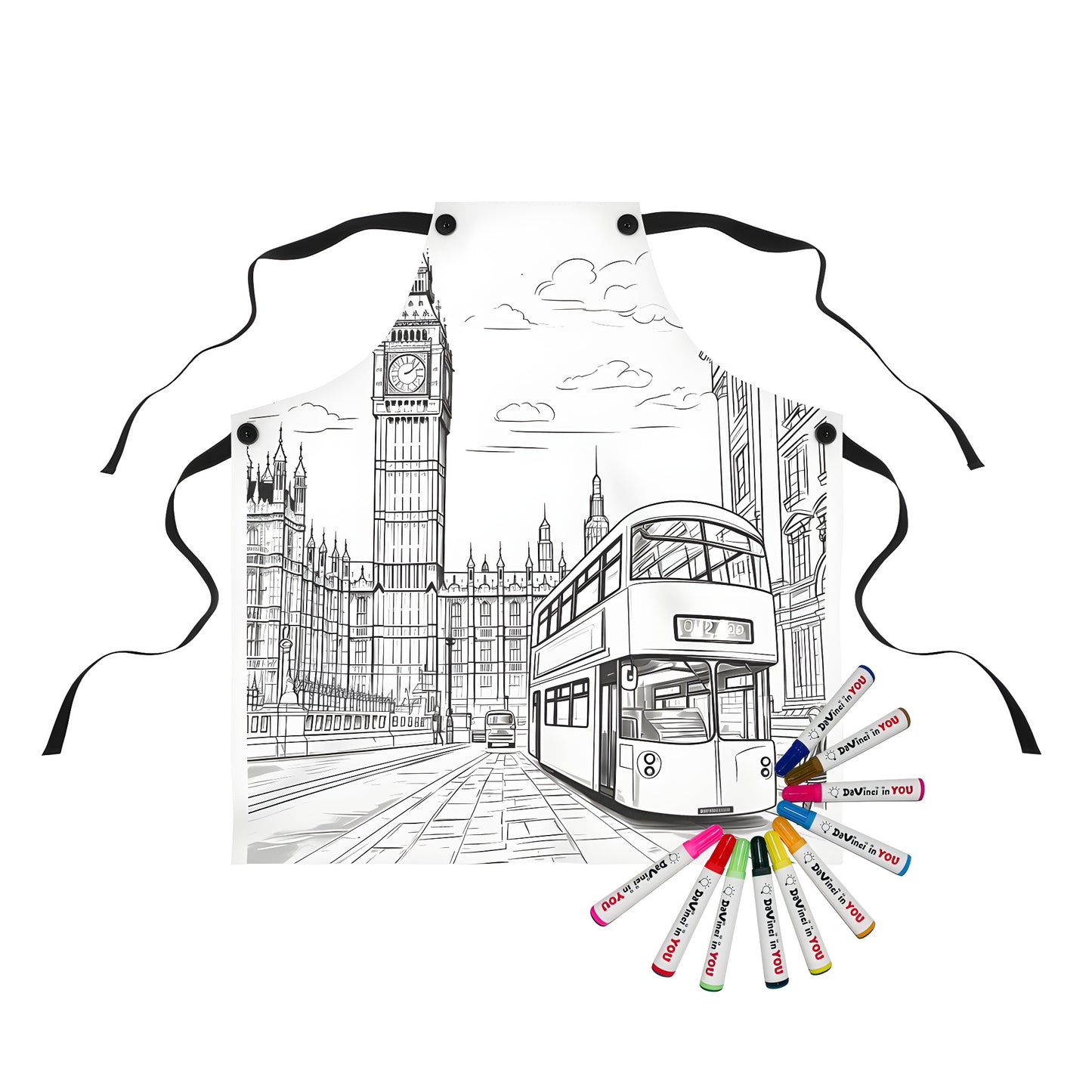 Apron with London cityscape design featuring Big Ben and a classic double-decker bus