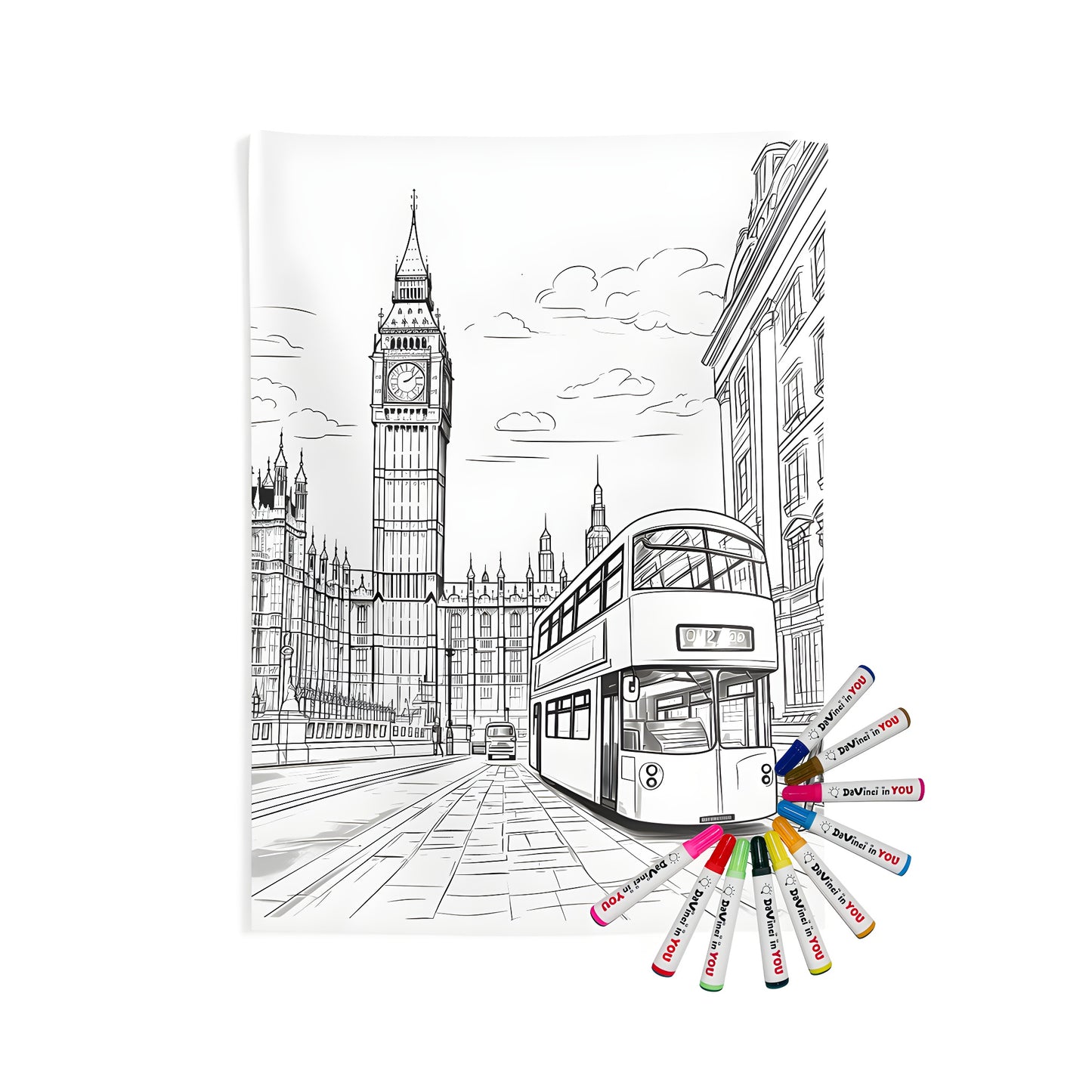 Indoor wall tapestries featuring a detailed illustration of London cityscape with Big Ben and a classic double-decker bus