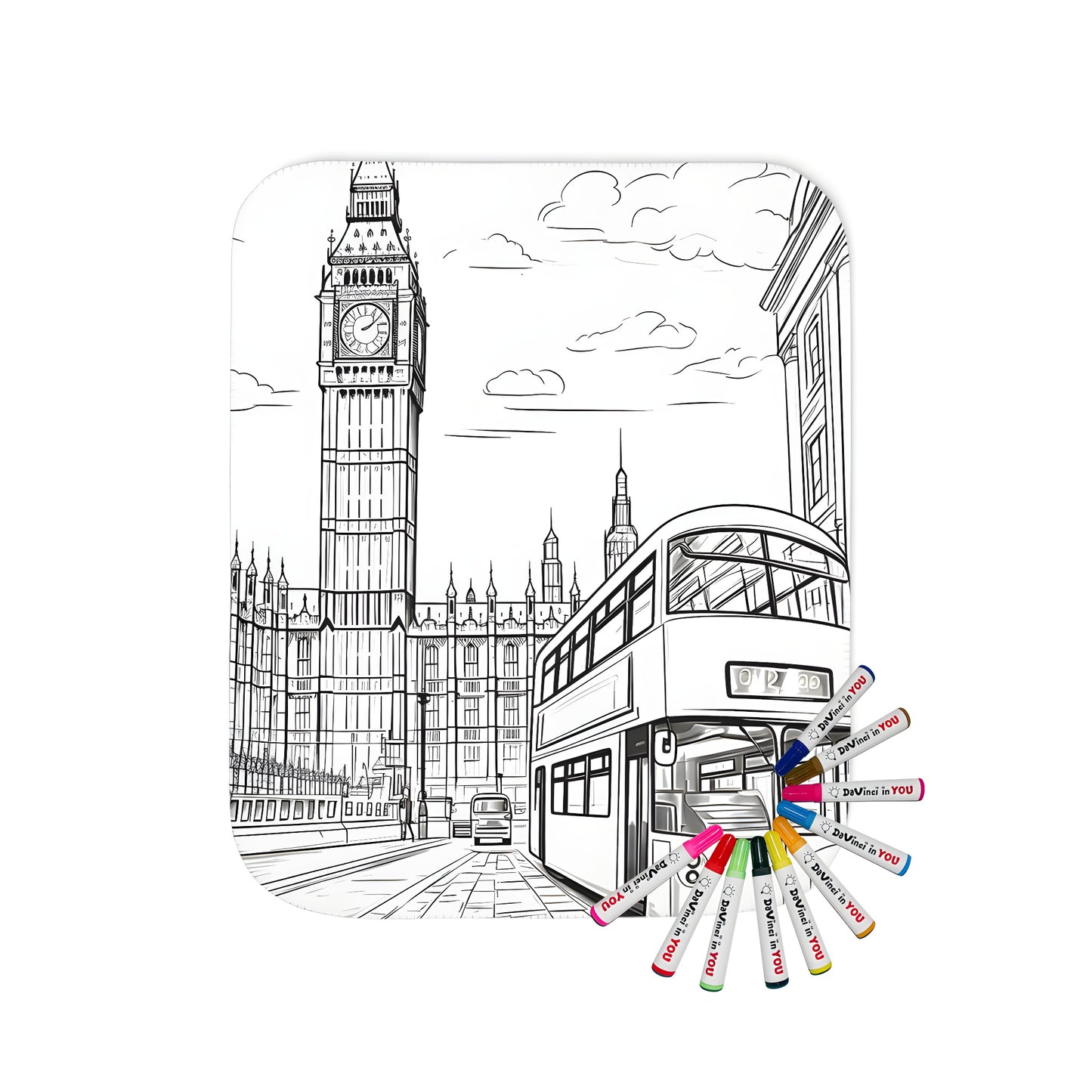 Blanket with colorful illustration of London city skyline, Big Ben and red double-decker bus