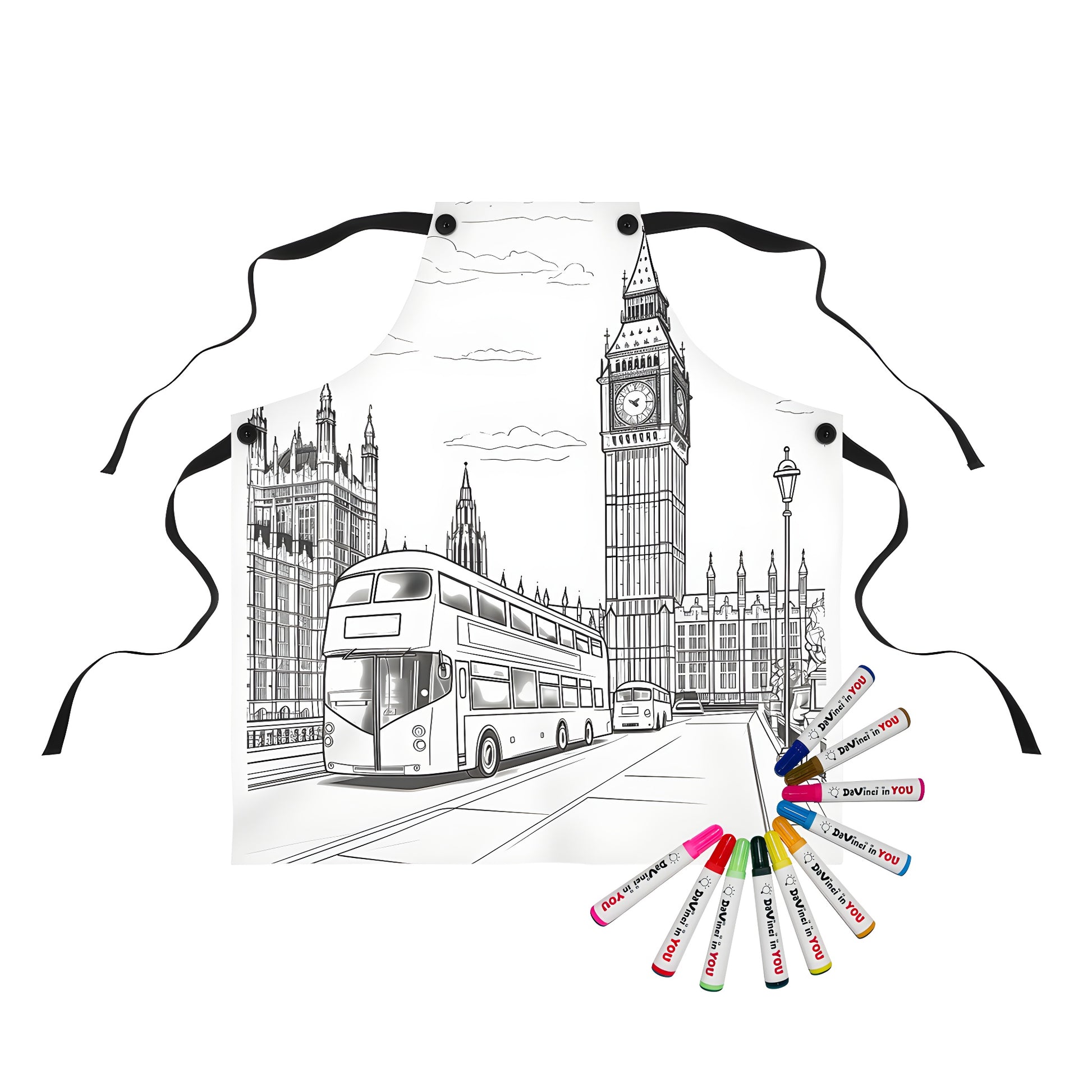 Coloring apron with a fun London landmarks theme, featuring line art of iconic buildings and vehicles