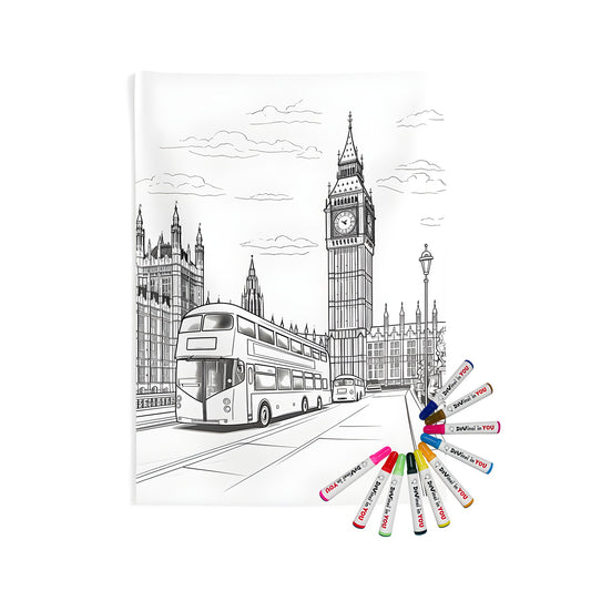 London landmarks wall tapestry, Big Ben coloring page, double-decker bus fabric art, historic buildings indoor decor