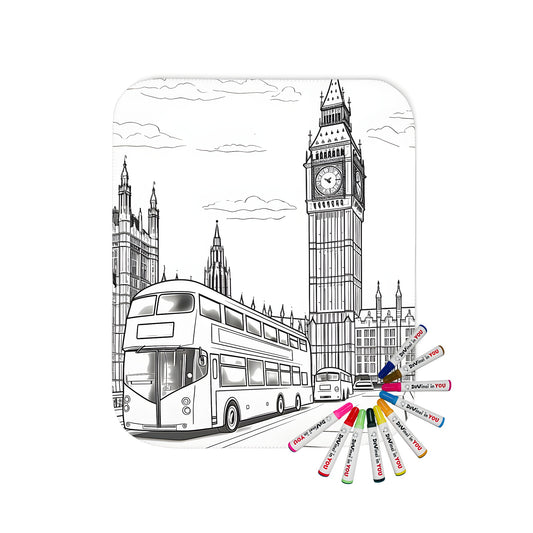 Blanket with colorful London landmarks design, featuring iconic buildings and vehicles