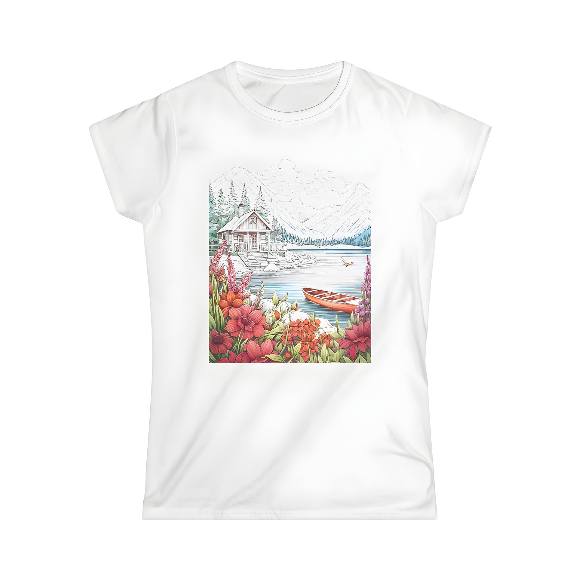 Women's Casual Tee featuring scenic lake cabin print with flowers and boat