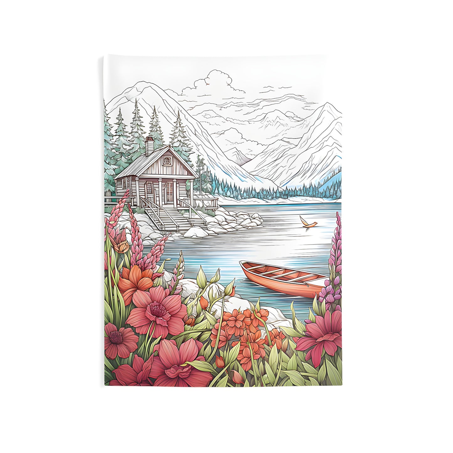 Indoor wall tapestries featuring scenic cabin designs by lakes, mountains, and trees for a cozy home decor