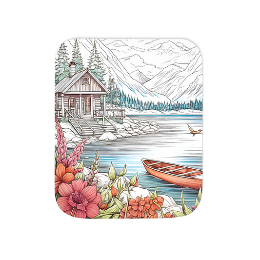 Cozy mountain cabin blanket by a serene lake with colorful flowers and a wooden boat