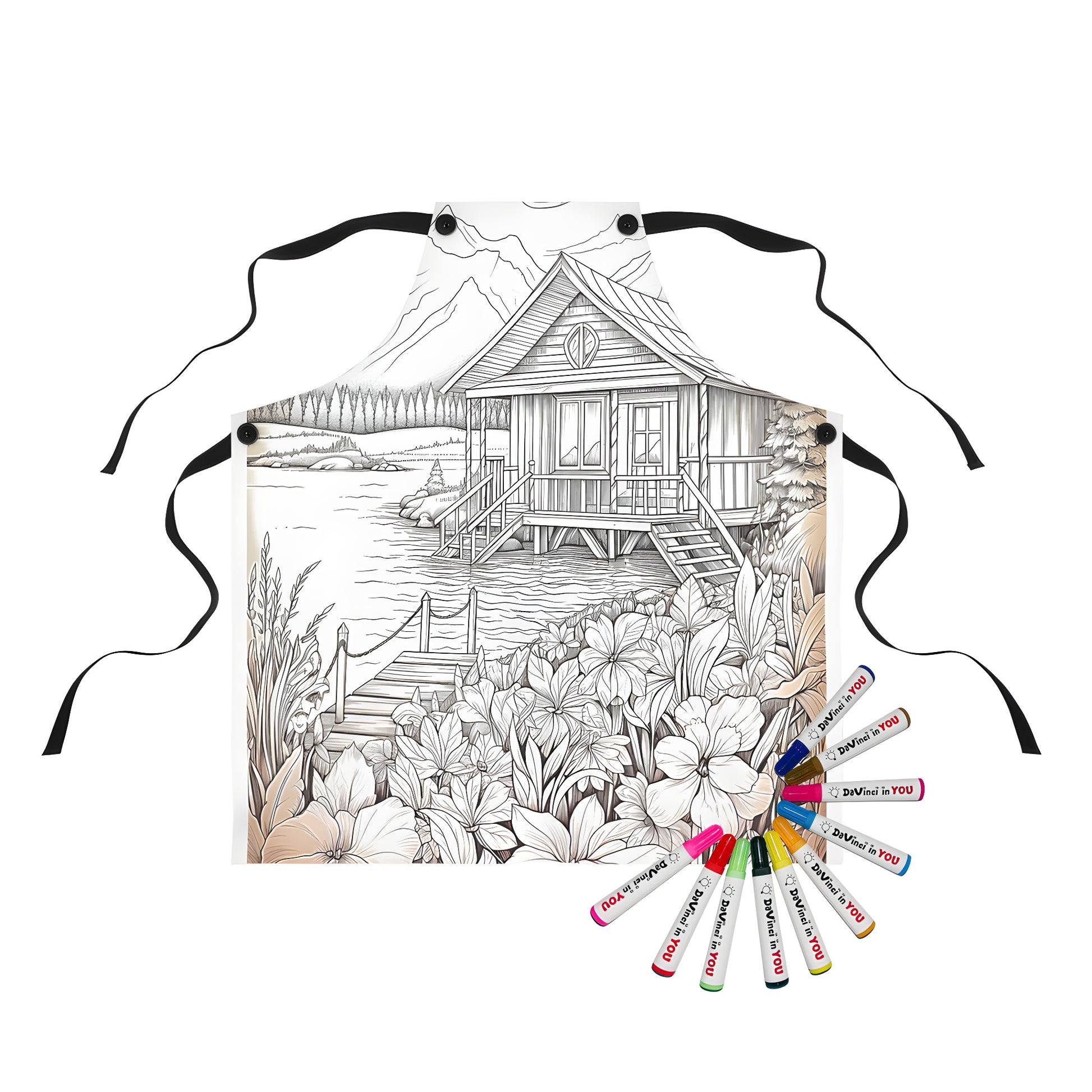 Apron with cozy cabin design, lake scene, flowers, trees, and mountains