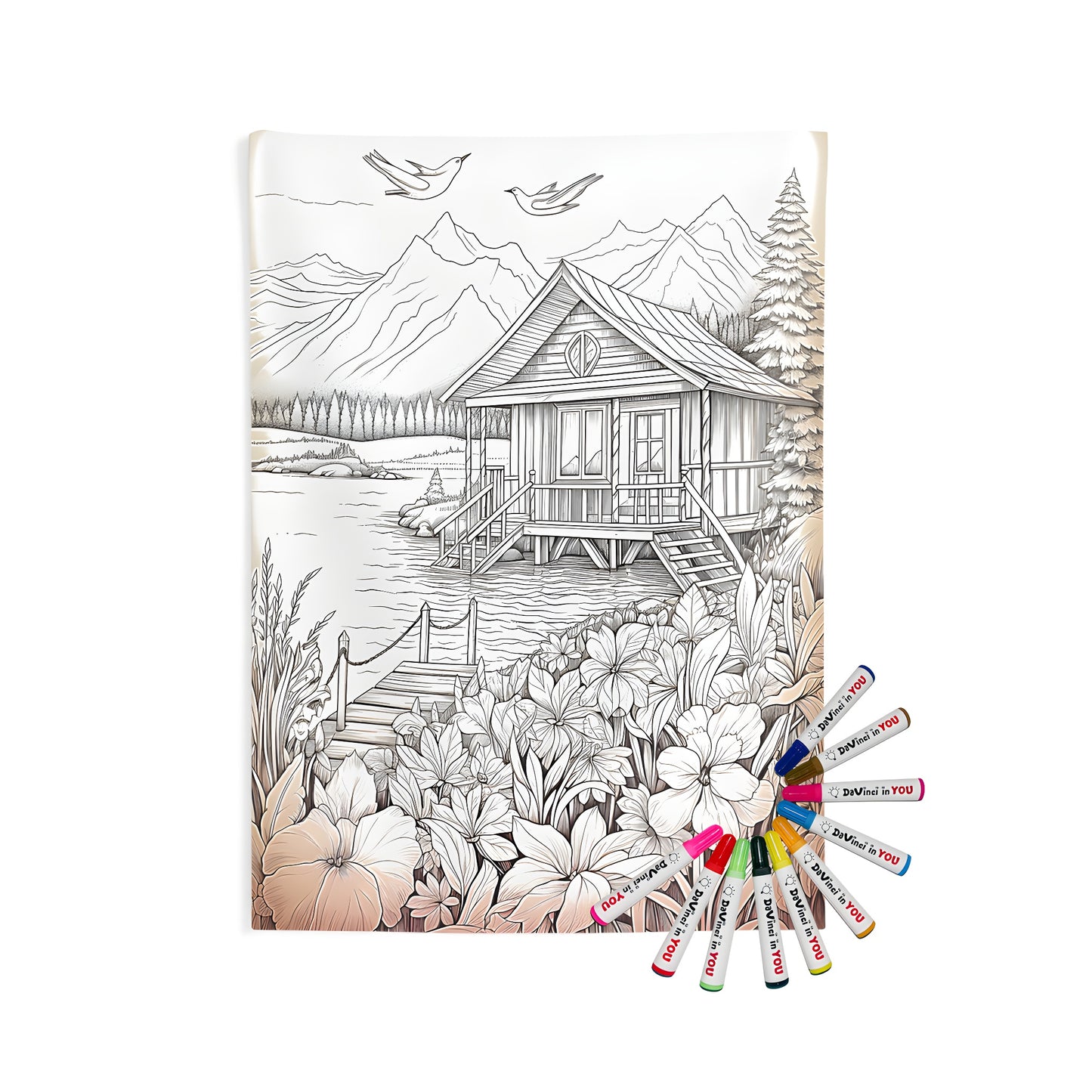 Cozy cabin scene indoor wall tapestry with lake, flowers, trees, and mountains for a serene ambiance