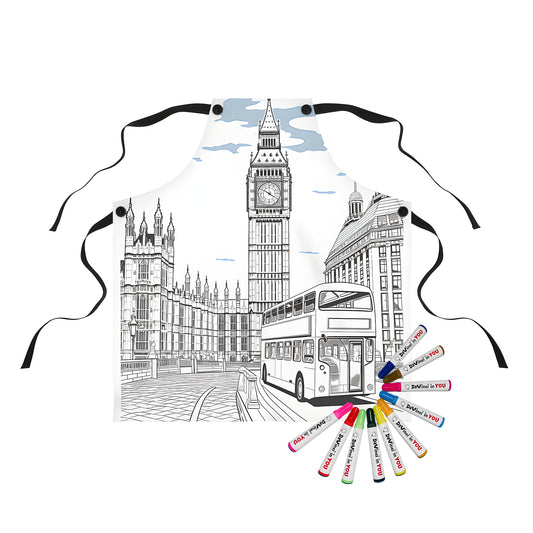 Colourful apron featuring an illustration of Big Ben, a double-decker bus, and surrounding architecture from the city of London, England, UK