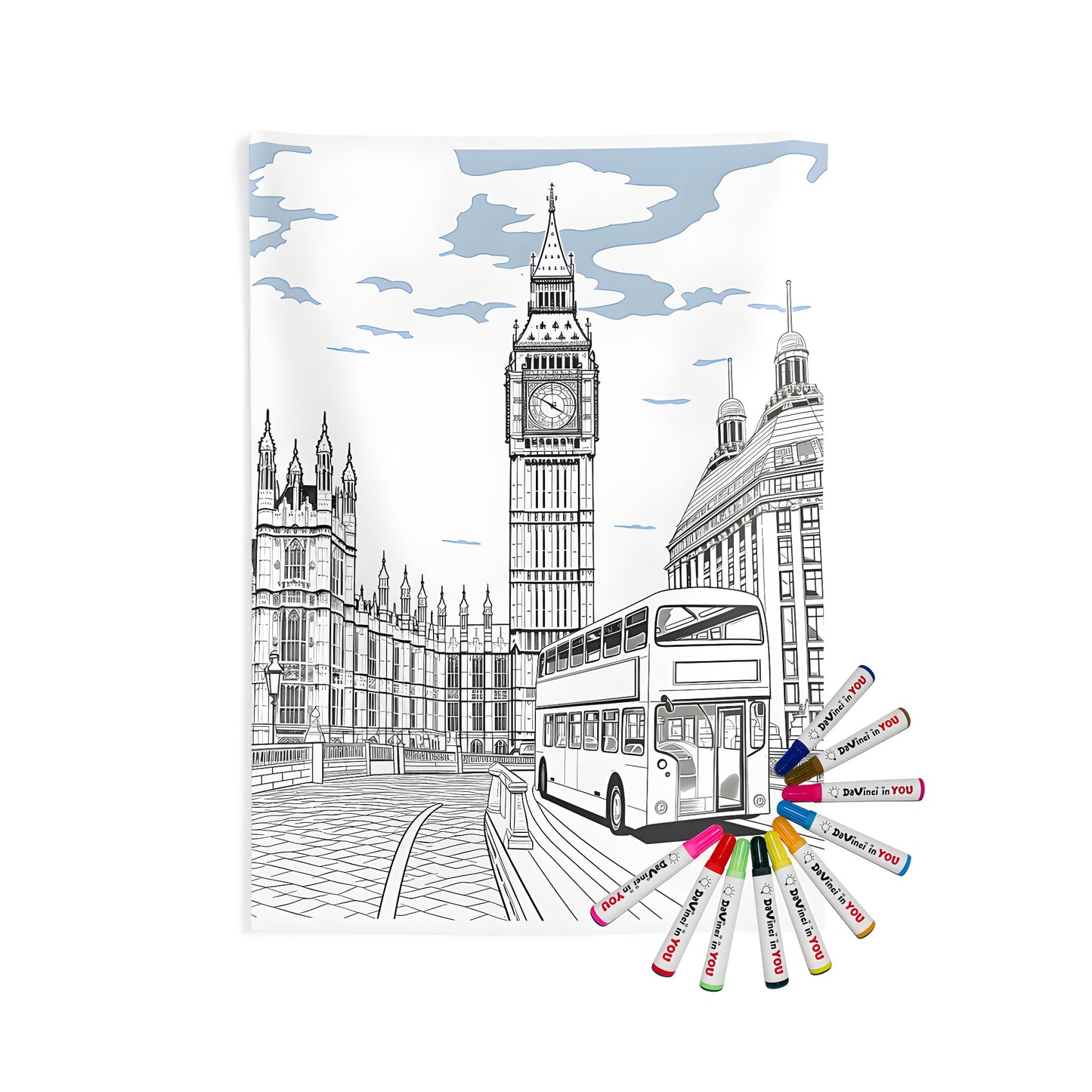 London cityscape wall tapestry featuring Big Ben and double-decker bus against partly cloudy sky, perfect for indoor decor