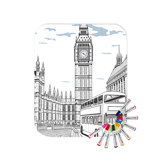 London themed blanket for adults or kids, featuring Big Ben, double-decker bus, and iconic architecture against a partly cloudy sky