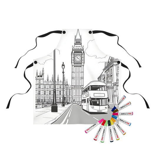 Colorful London landmark inspired apron with Big Ben, clock tower and red double-decker bus illustration